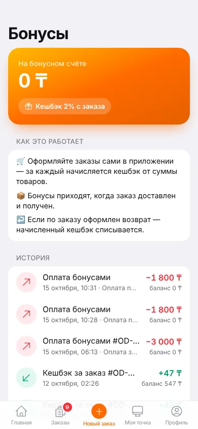 Экран «Бонусы»: баланс, «Как это работает» и история начислений и списаний